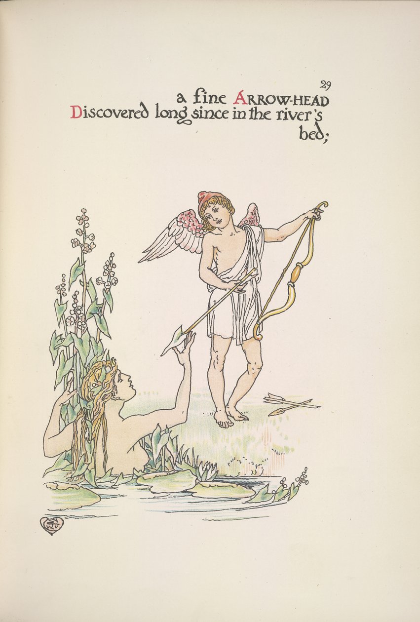Egy angyal, aki nyilat tart, és egy hölgy a folyóban vagy a tóban alkotó: Walter Crane