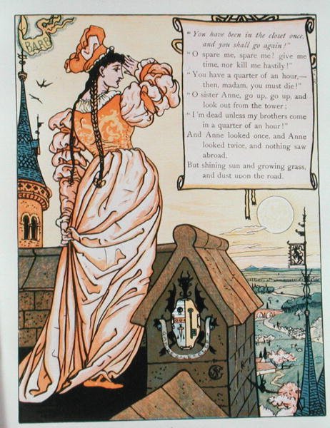 Anne Looking from the Tower, Charles Perrault (1628-1703) illusztrációja a Kékszakállúhoz (színes metszet). alkotó: Walter Crane