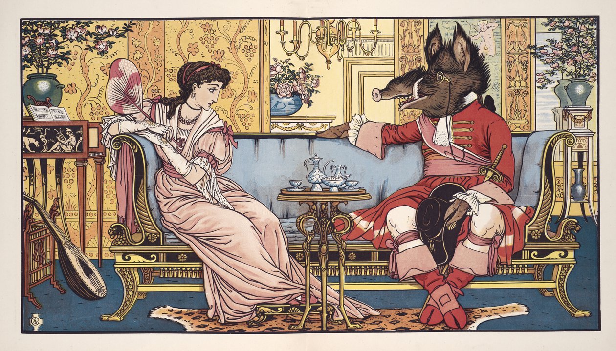 Szépség és a Szörnyeteg, kocsma. 1874 (színes litó) alkotó: Walter Crane