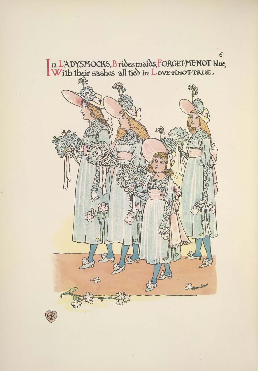 Koszorúslányok nefelejcs, nem kék hölgyruhában alkotó: Walter Crane