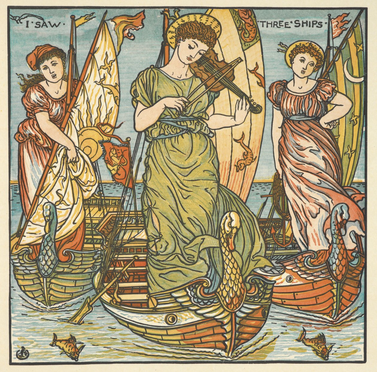 Színes illusztráció a „Láttam három hajót”. Három nő, az egyik hegedül, áll a hajókon. alkotó: Walter Crane
