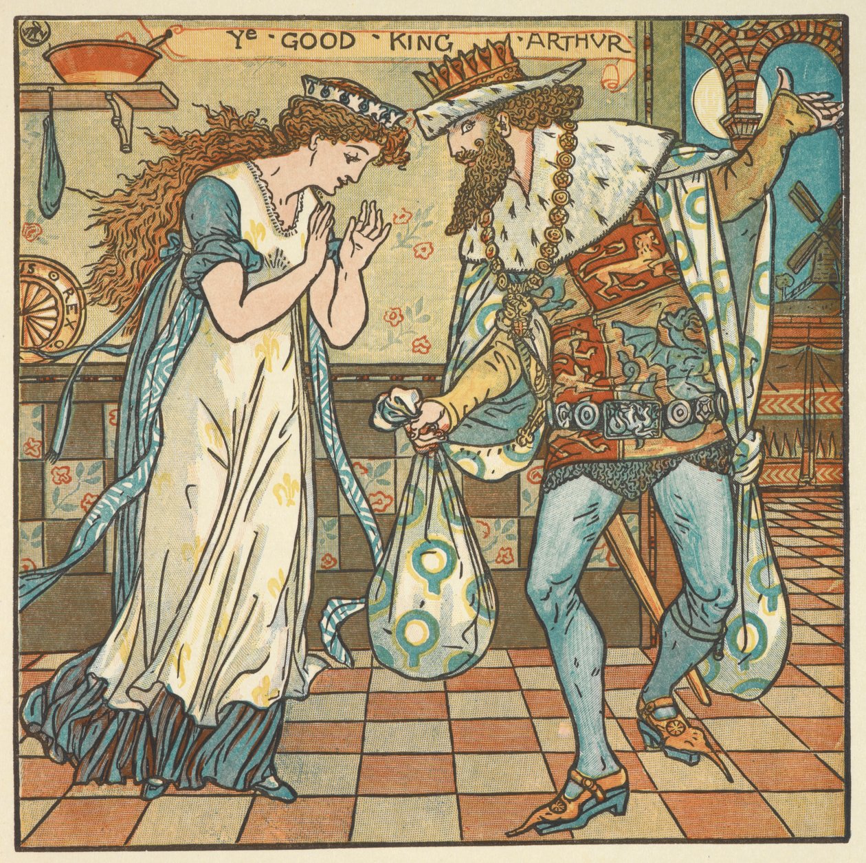 Színes illusztráció a „King Arthur”-hoz. Arthur király és királynője egy zsák hozzávalóval egy szilvapuding elkészítéséhez. alkotó: Walter Crane