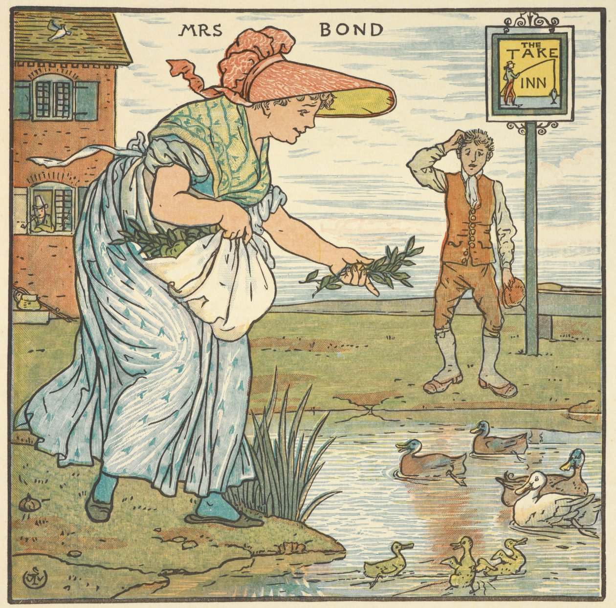 Színes illusztráció a „Mrs Bond”-hoz. Egy nő kacsákat etet egy fogadó előtt. alkotó: Walter Crane