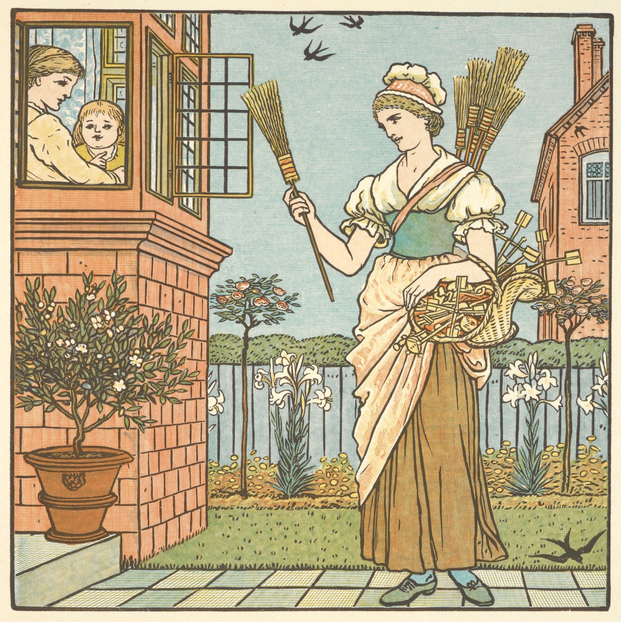 Színes illusztráció a „seprű vásárlása” kifejezéshez. Egy fiatal nő seprűt árul. alkotó: Walter Crane