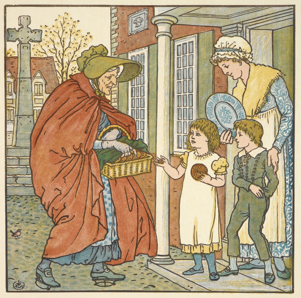 Színes illusztráció a „forró keresztes zsemléhez”. Egy idős nő forró keresztes zsemlét ad két gyereknek. alkotó: Walter Crane