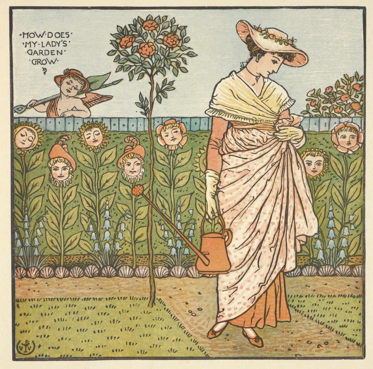 Színes illusztráció az "asszonyom kertjéhez". Egy fiatal nő állt, kezében egy öntözőkanna, a kertben. alkotó: Walter Crane