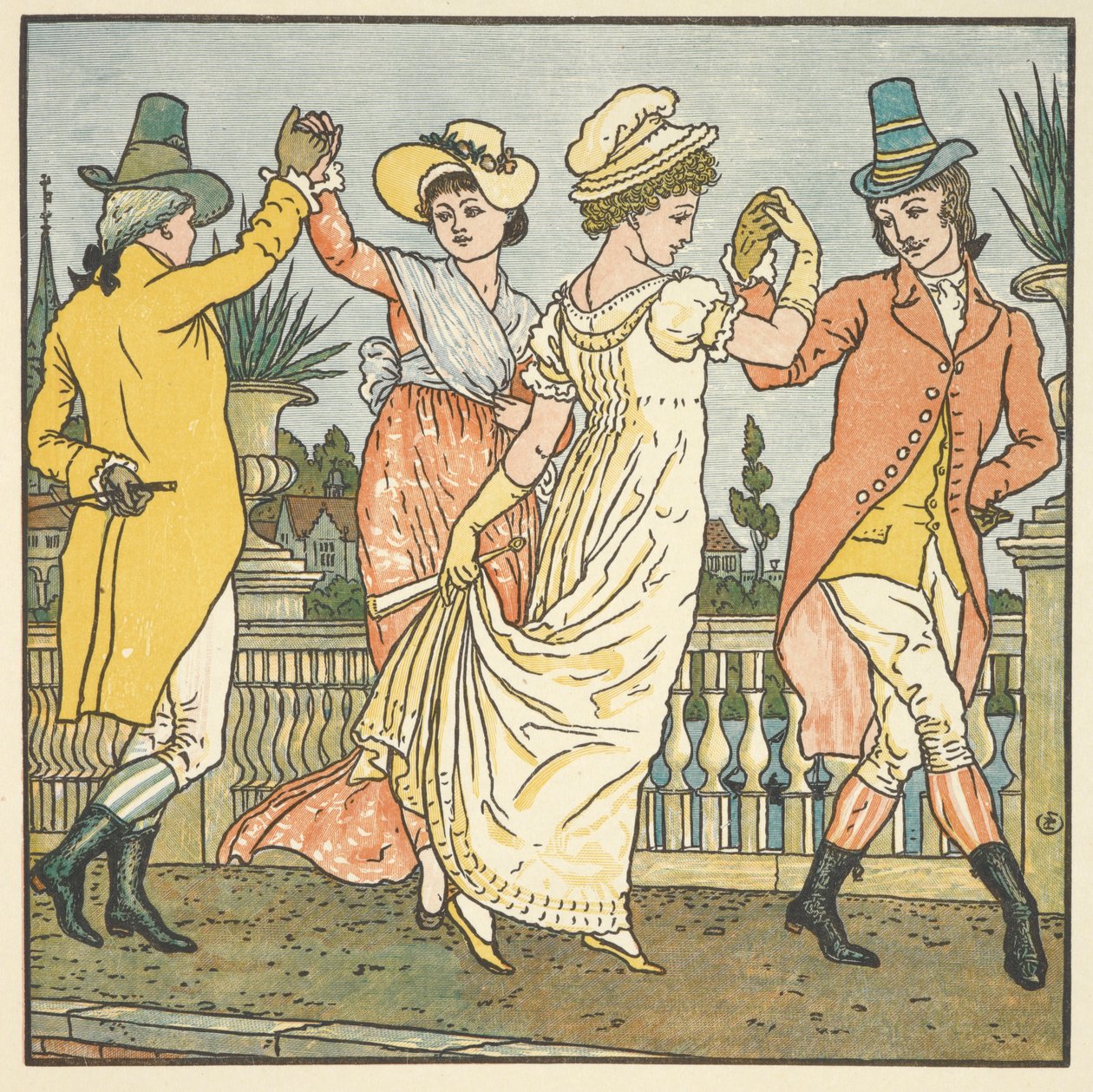 Színes illusztráció az „Avignoni hídon” kifejezéshez. Két pár táncol. alkotó: Walter Crane