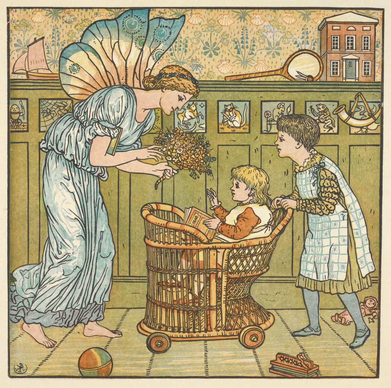 Színes illusztráció a „csecsemőcsokor”-hoz, mondóka. Egy tündér virágot ad egy gyereknek. alkotó: Walter Crane