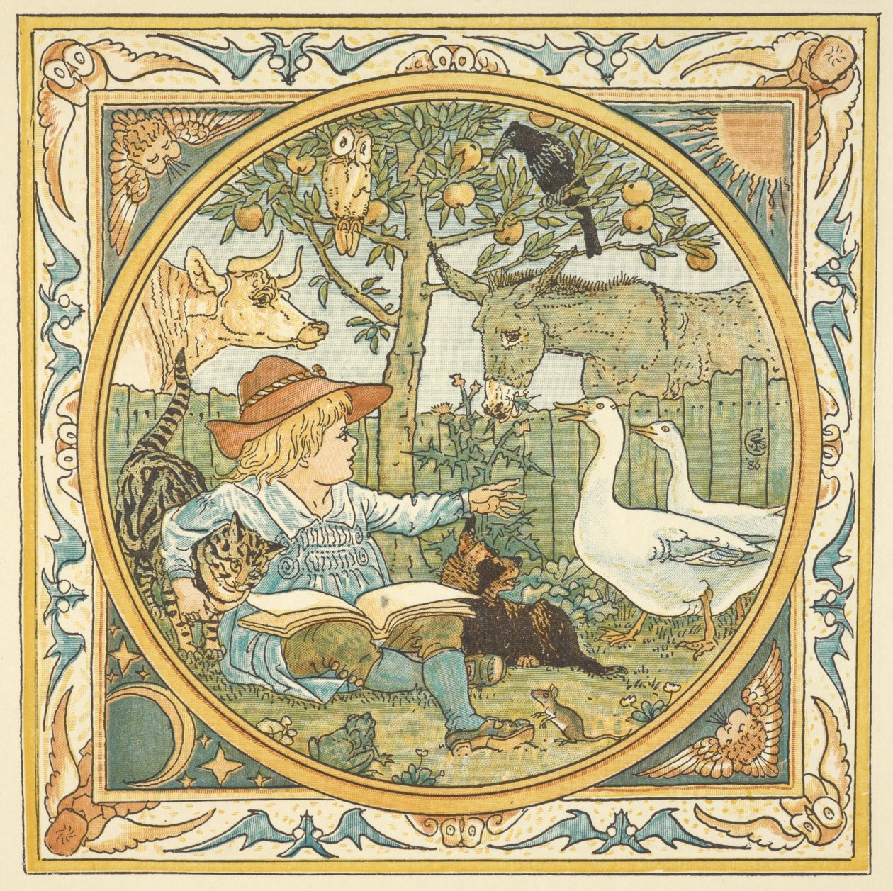 Színes illusztráció a „csecsemő saját ezópjához”. Egy gyerek a kertben, állatokkal körülvéve. alkotó: Walter Crane