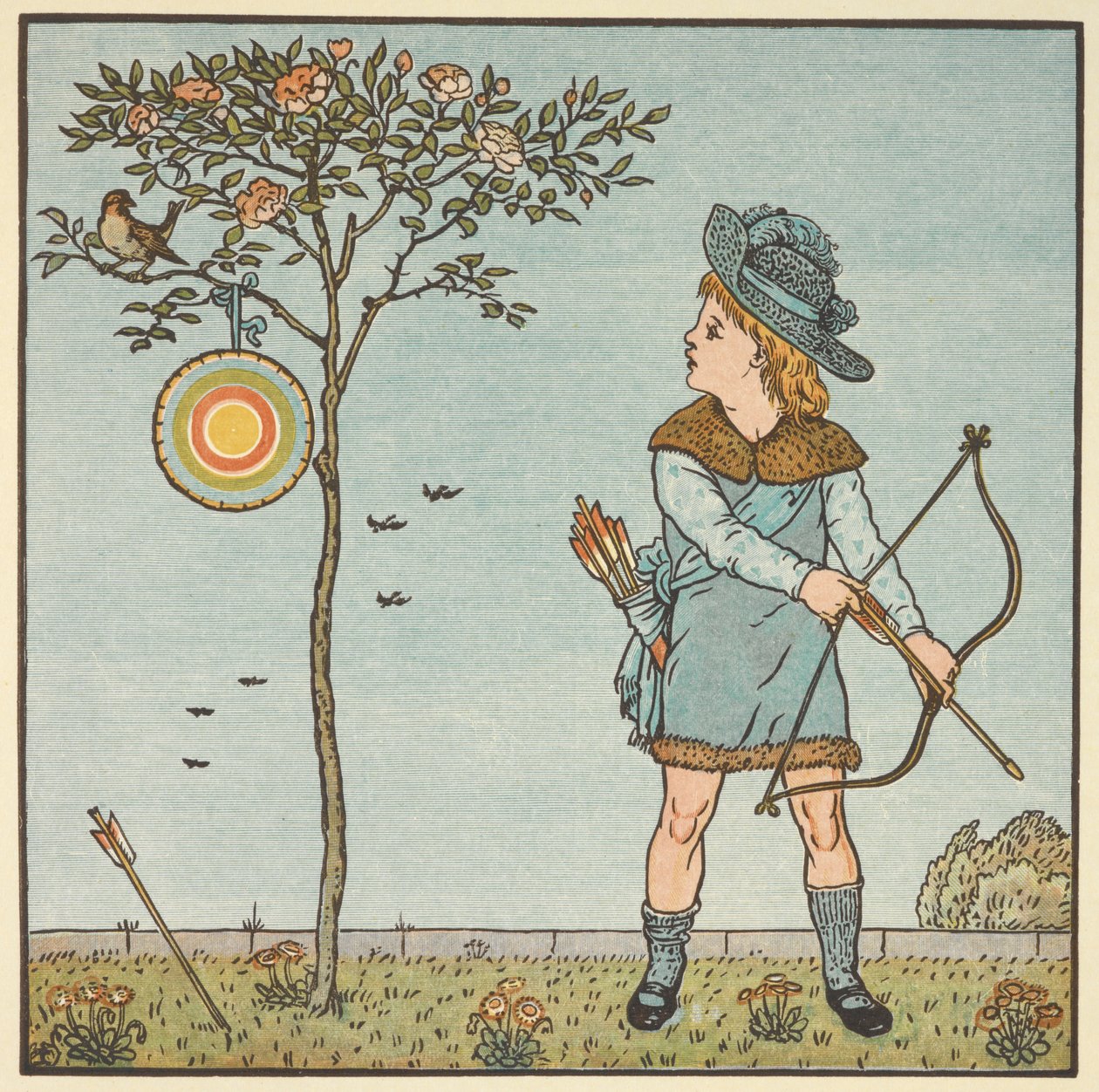 Színes illusztráció a "kis kakasveréb"-hez. Egy kisfiú íjjal és nyíllal, aki egy fán lévő madárra készül. Egy gyerek mondóka. alkotó: Walter Crane