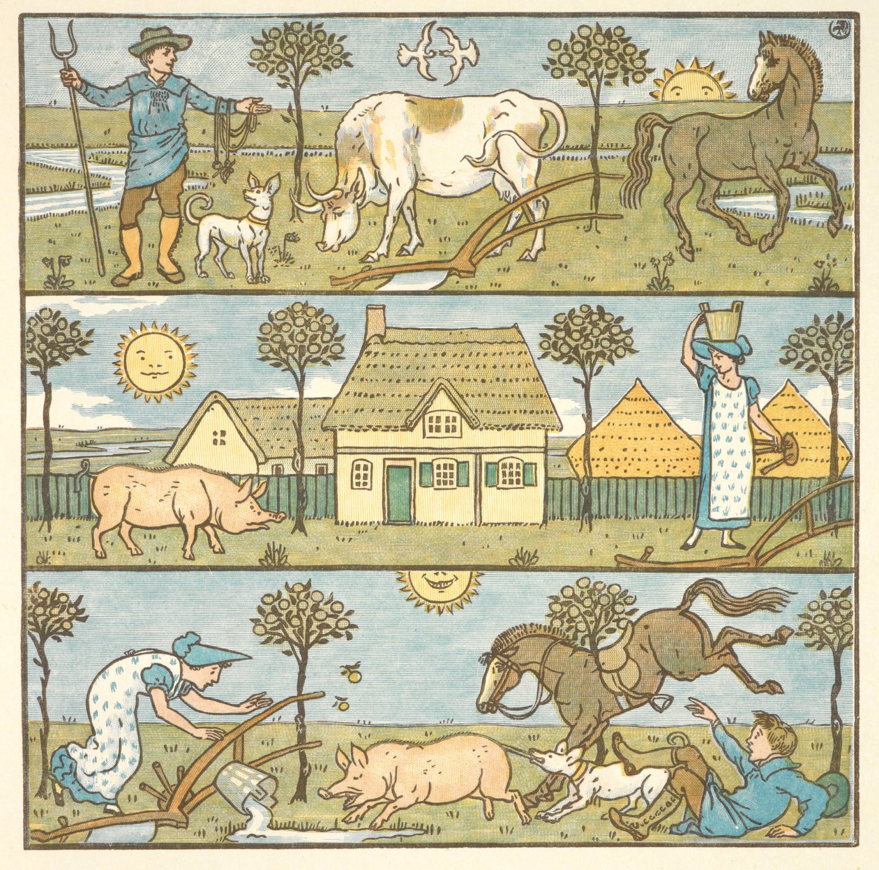 Színes illusztráció a „kis katasztrófához”. Egy gazda, egy tejeslány és különféle haszonállatok. alkotó: Walter Crane