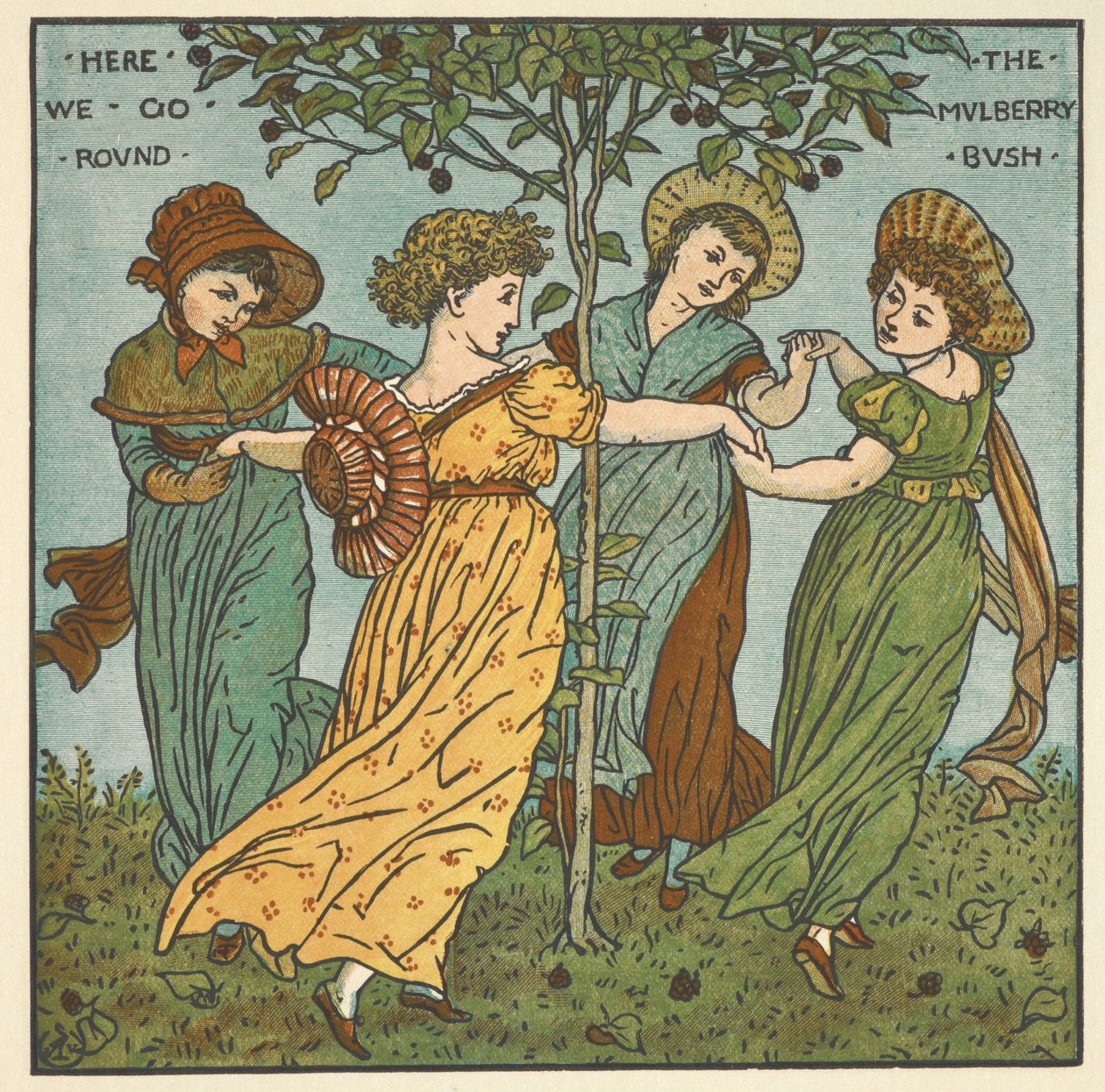 Színes illusztráció az eperfa bokorhoz. Négy nő táncol egy fa körül. alkotó: Walter Crane