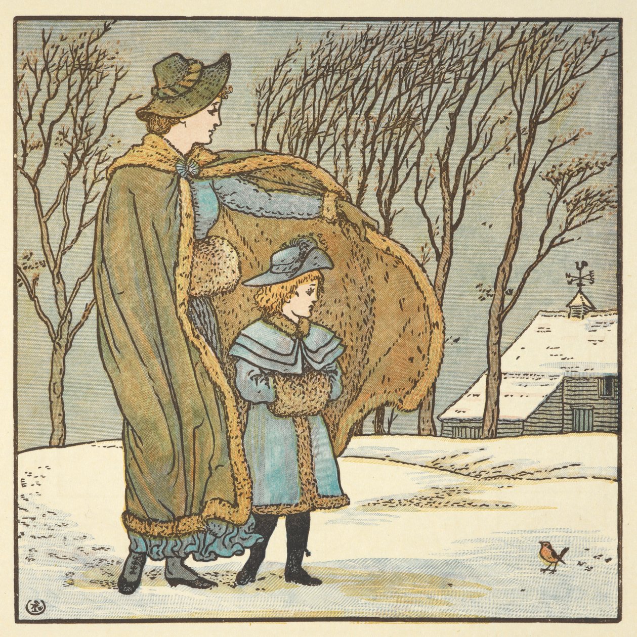 Színes illusztráció az „északi szél és vörösbegy” kifejezéshez. Egy fiatal lány és az anyja kint áll egy téli tájon. alkotó: Walter Crane