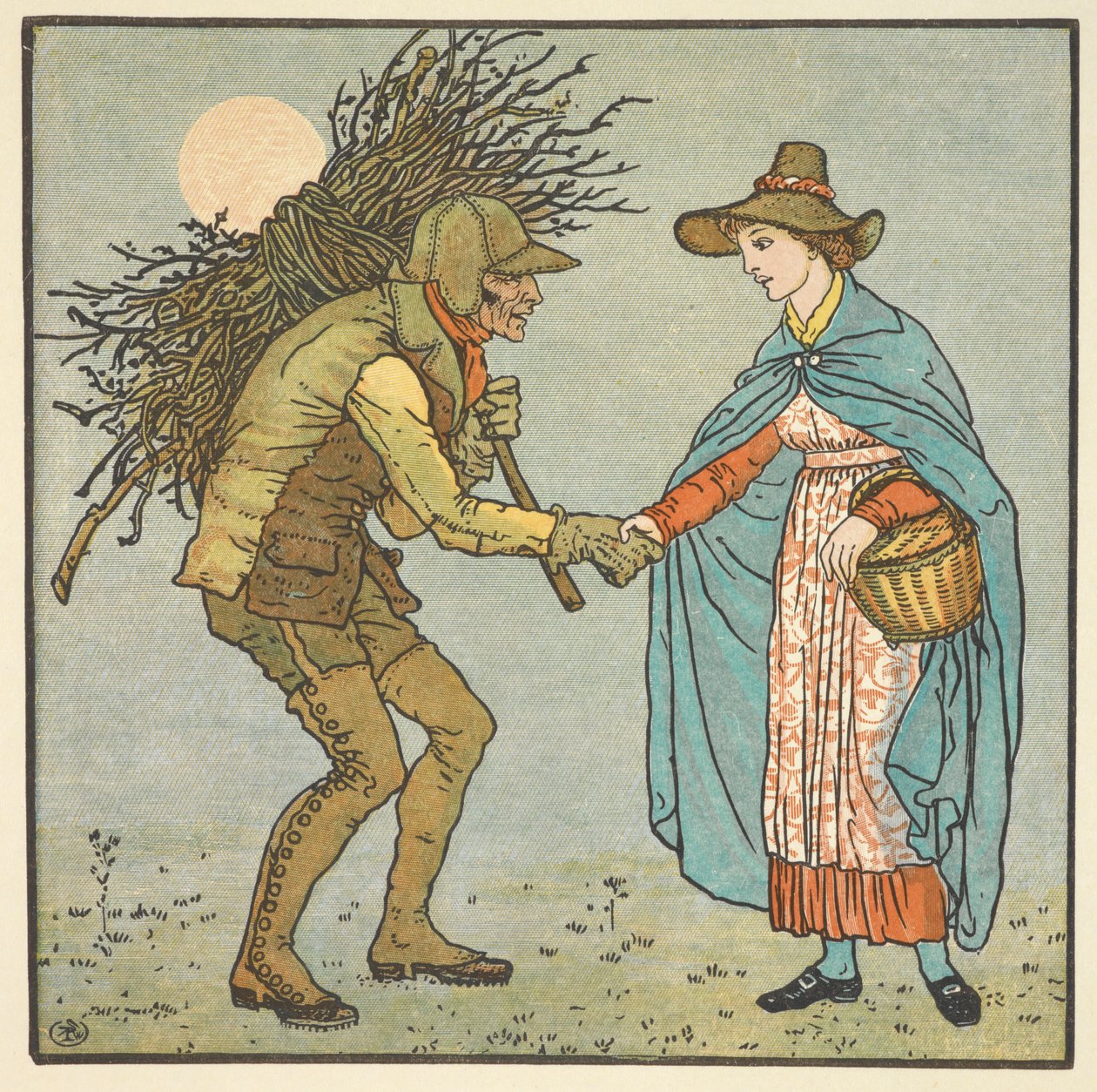 Színes illusztráció az „öreg bőrben” kifejezéshez. Egy fiatal nő kezet fog egy férfival, akinek egy halom gally van a vállán. alkotó: Walter Crane