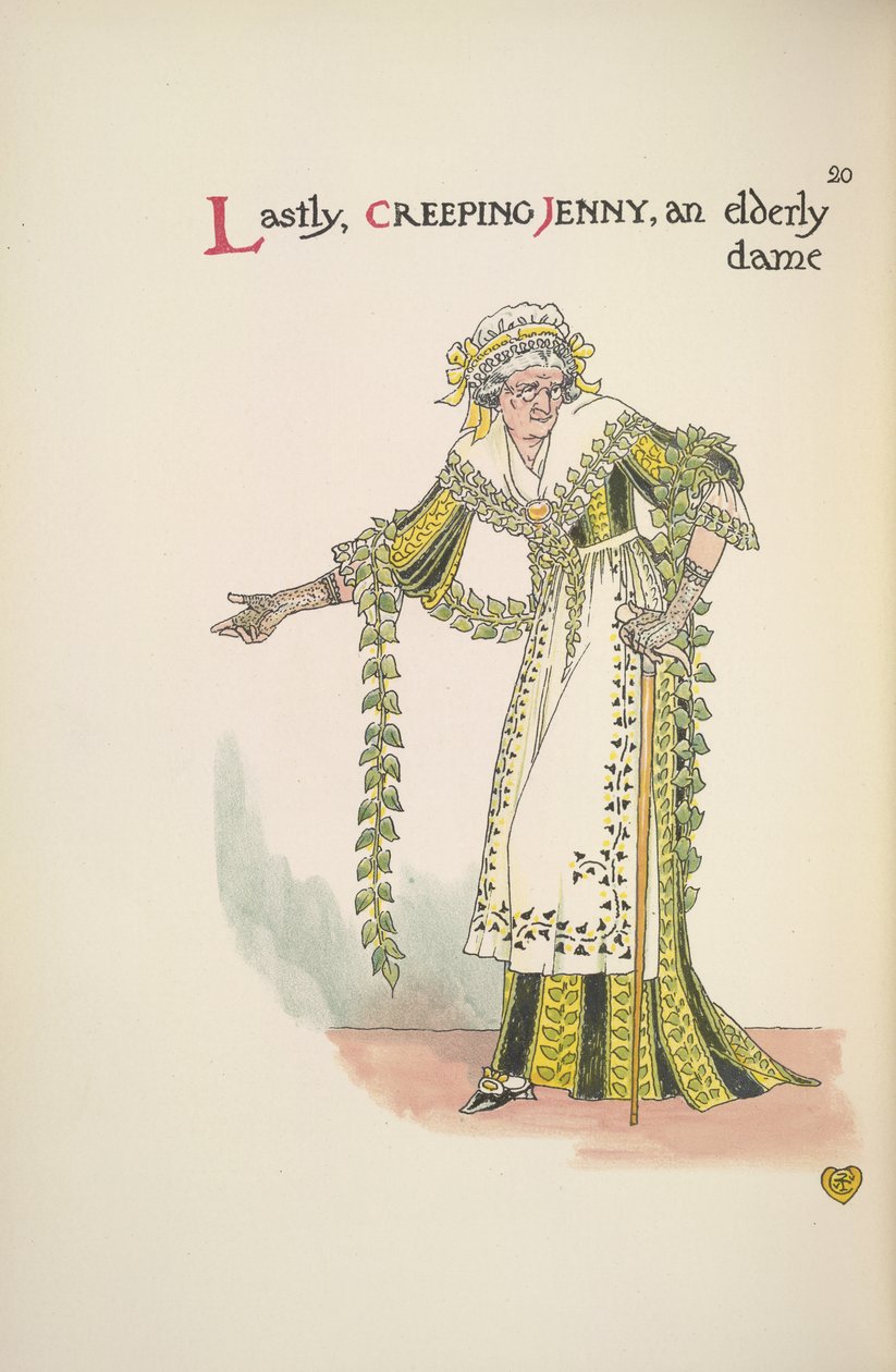 Kúszó Jenny. Egy idős hölgy sétabotot használ alkotó: Walter Crane