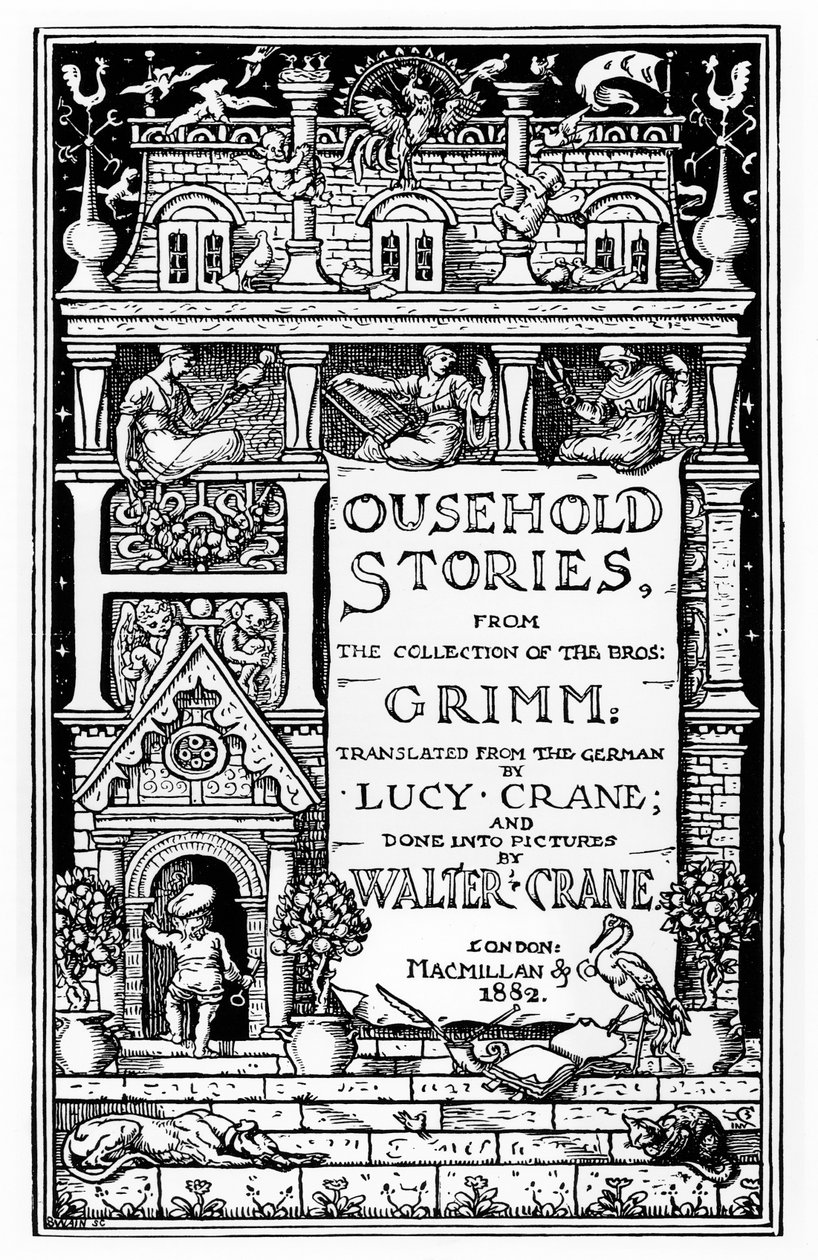 A Grimm testvérek „Háztartási történeteinek” első borítója, kiadó: Macmillan und Co., 1882 alkotó: Walter Crane