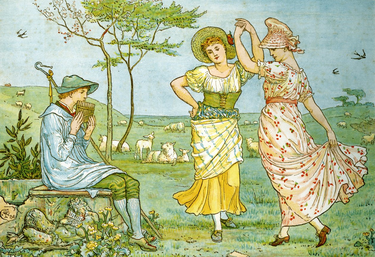 A „Pan-Pipes”, a régi dalok könyvének előlapja, újonnan hangszerelve és Theo kíséretével. Marzials, kiadó Londonban, George Routledge und Sons, 1884 alkotó: Walter Crane