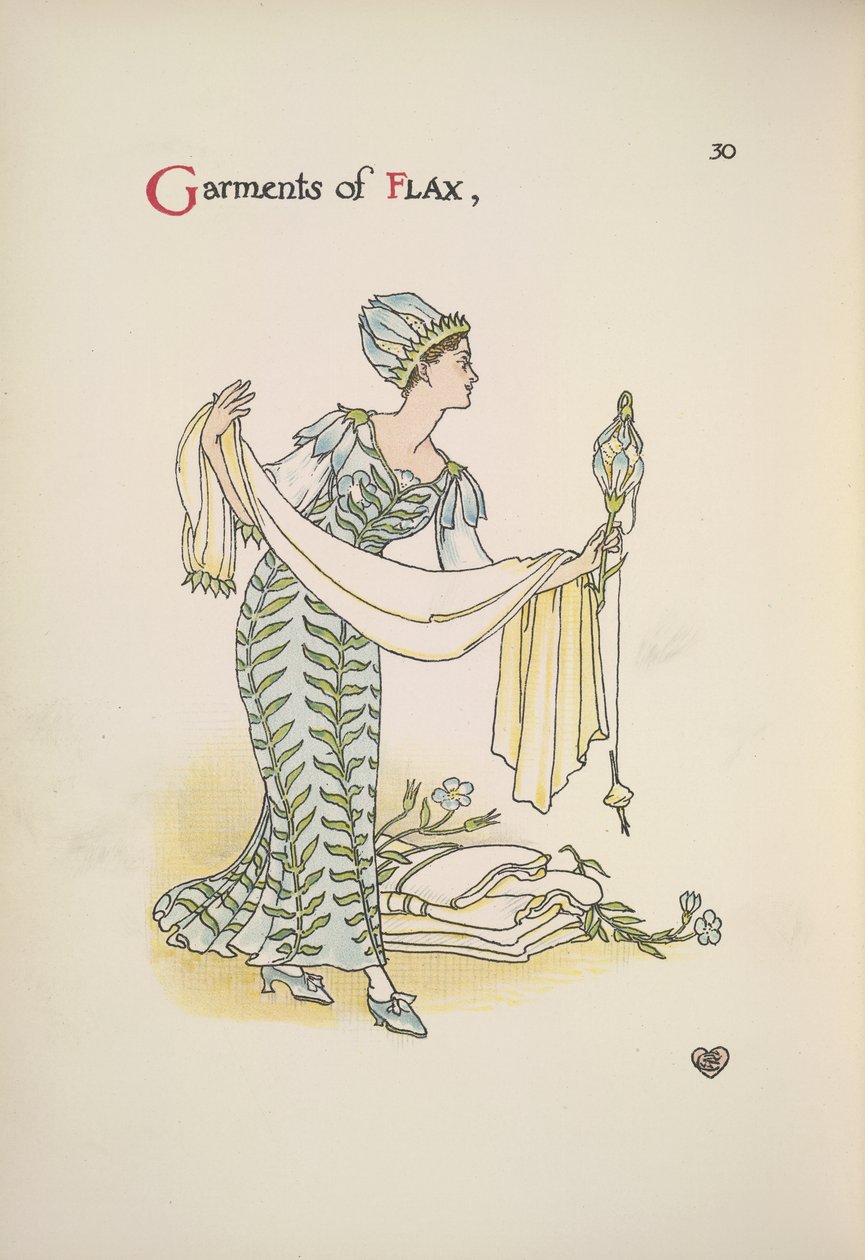 Lenből készült ruhák. Egy nő, aki egy kendőt tart alkotó: Walter Crane