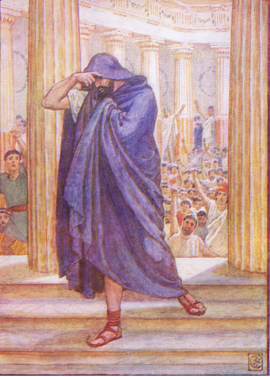 Arcát köpenyébe rejtve hagyta el a közgyűlést, illusztráció a Görögország története című filmből, 1930-as évek alkotó: Walter Crane