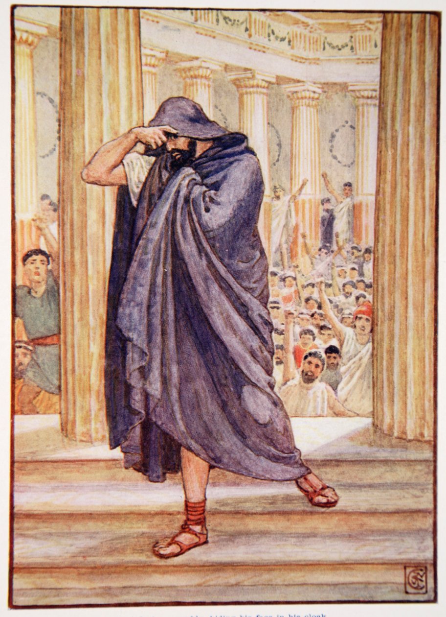 Arcát köpenyébe rejtve hagyta el a gyülekezetet, illusztráció: Mary Macgregor Görögország története, 1. kiadás, 1913 (színes nyomtatás) alkotó: Walter Crane