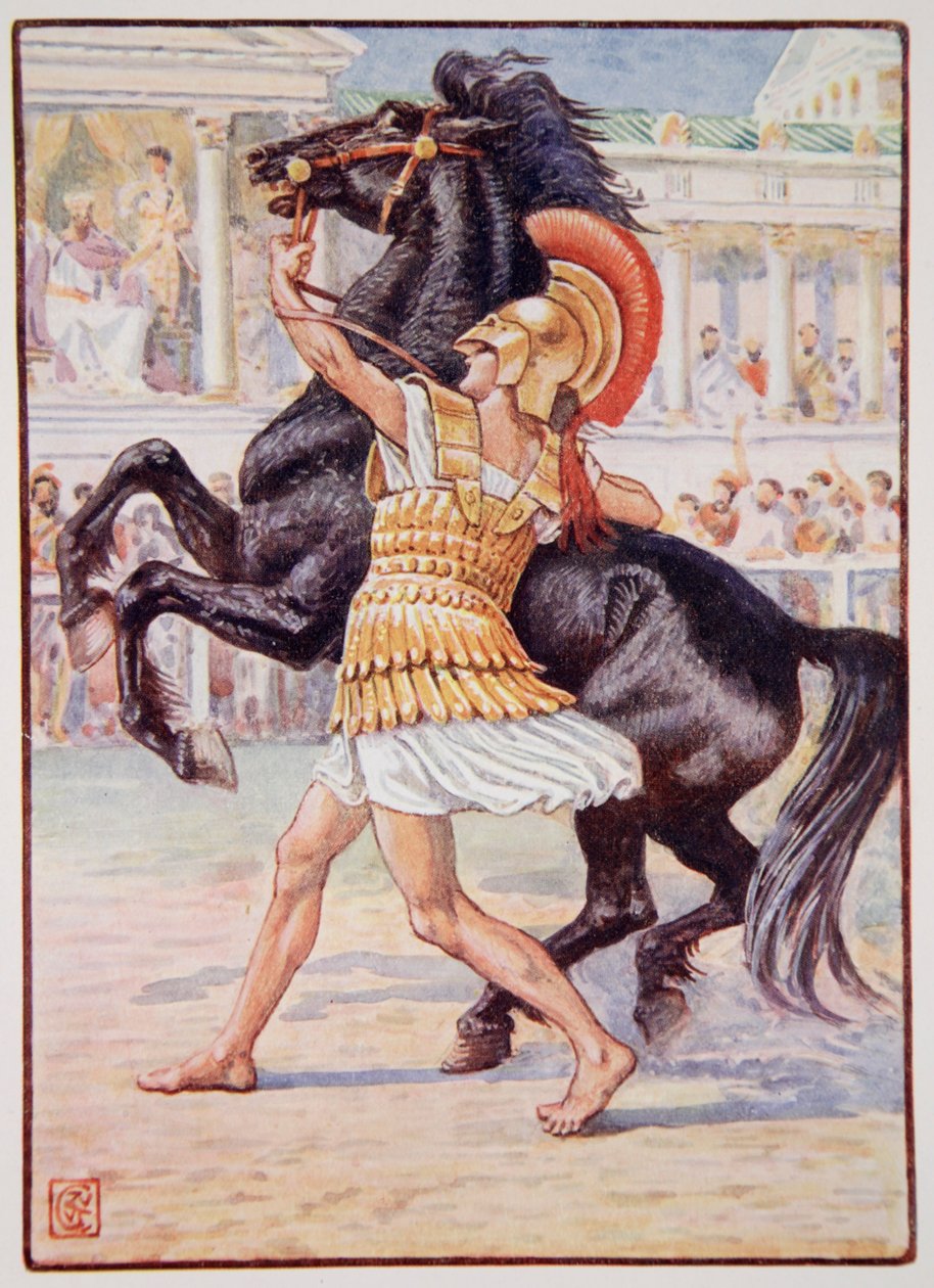 A lóhoz rohant, és megragadta a kantárt, illusztrációja Mary Macgregor „Görögország története” című művéből, 1. kiadás, 1913 (színes nyomtatás) alkotó: Walter Crane