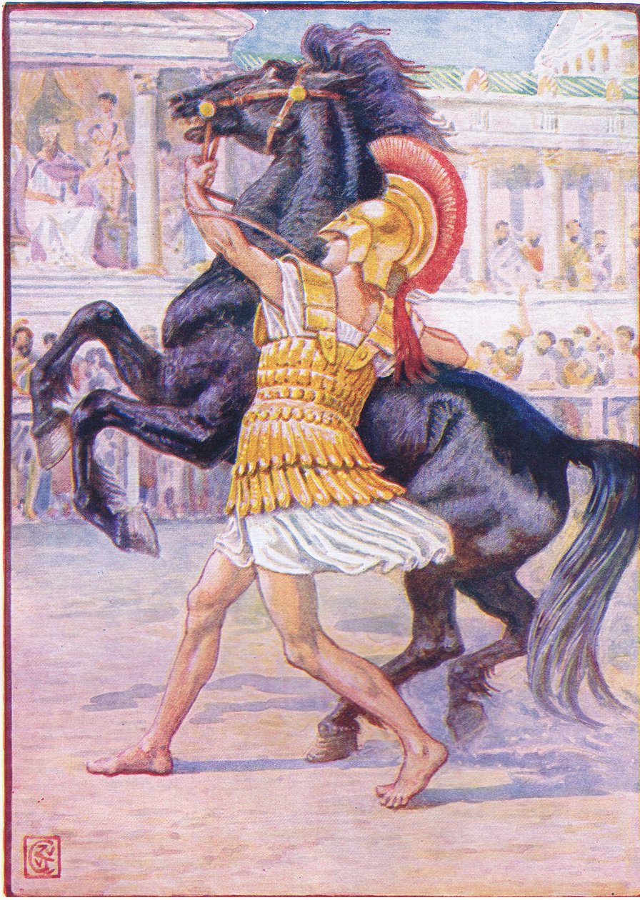 A lóhoz rohant, és megragadta a kantárt, illusztráció a Görögország története, 1930-as évekből alkotó: Walter Crane