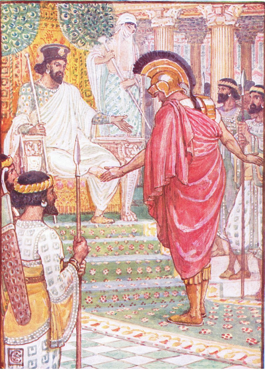 Csendben állt a király előtt, illusztrációja a „Görögország története” c. alkotó: Walter Crane