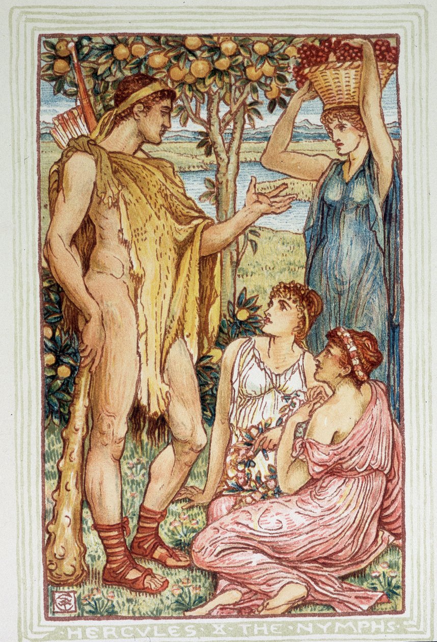 Herkules (Héraklész) és a nimfák – Walter Crane „Csodakönyv lányoknak és fiúknak” című könyvében alkotó: Walter Crane