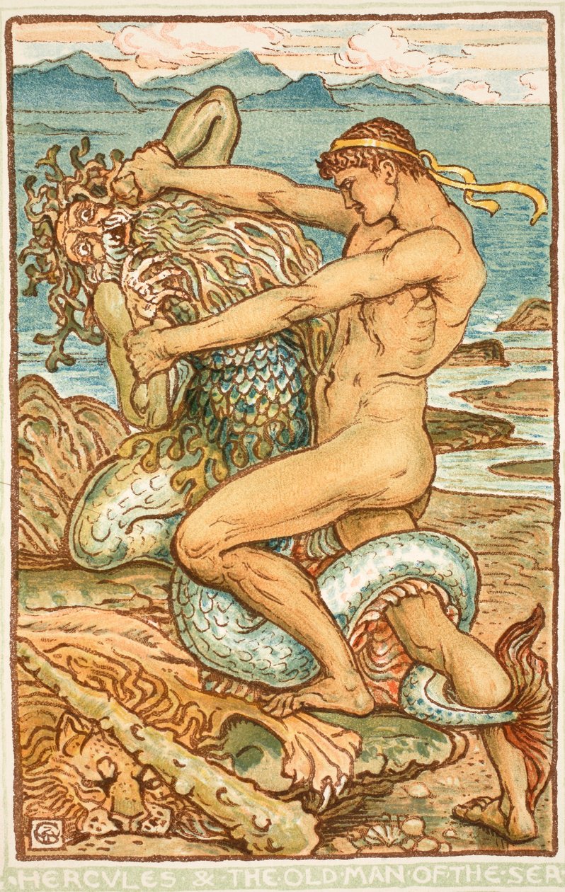 Herkules és a tenger vénembere, illusztráció Nathaniel Hawthorne „A csodakönyv lányoknak és fiúknak” című művéből, 1852 alkotó: Walter Crane