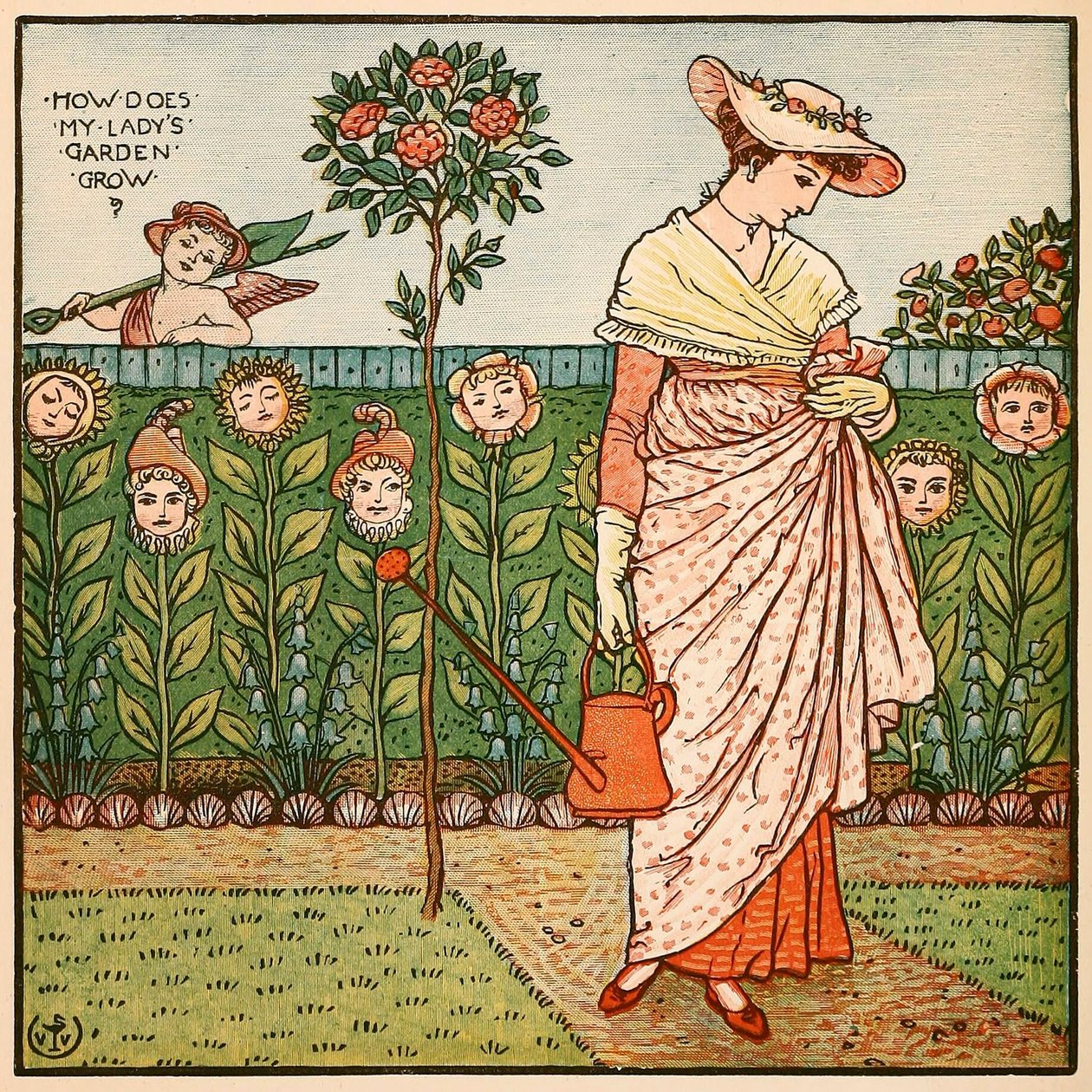 Hogyan nő a hölgyem kertje, Walter Crane festménykönyvéből, pub. 1889. alkotó: Walter Crane