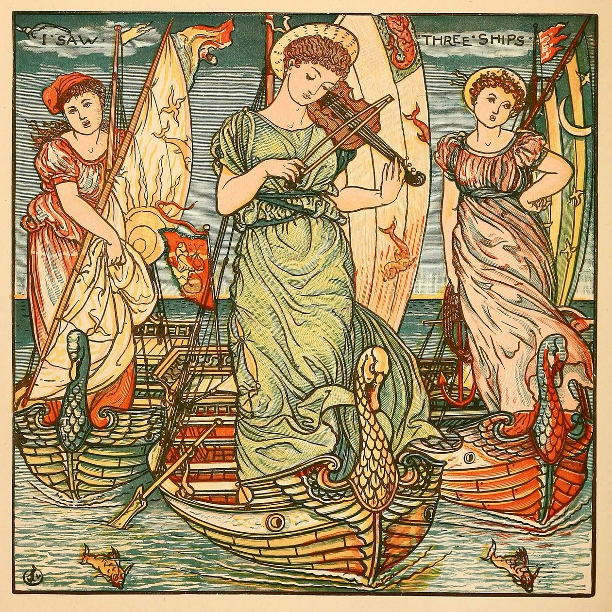 Három hajót láttam, Walter Crane festménykönyvéből, kocsmából. 1889-es színes litográfia, 1889. alkotó: Walter Crane