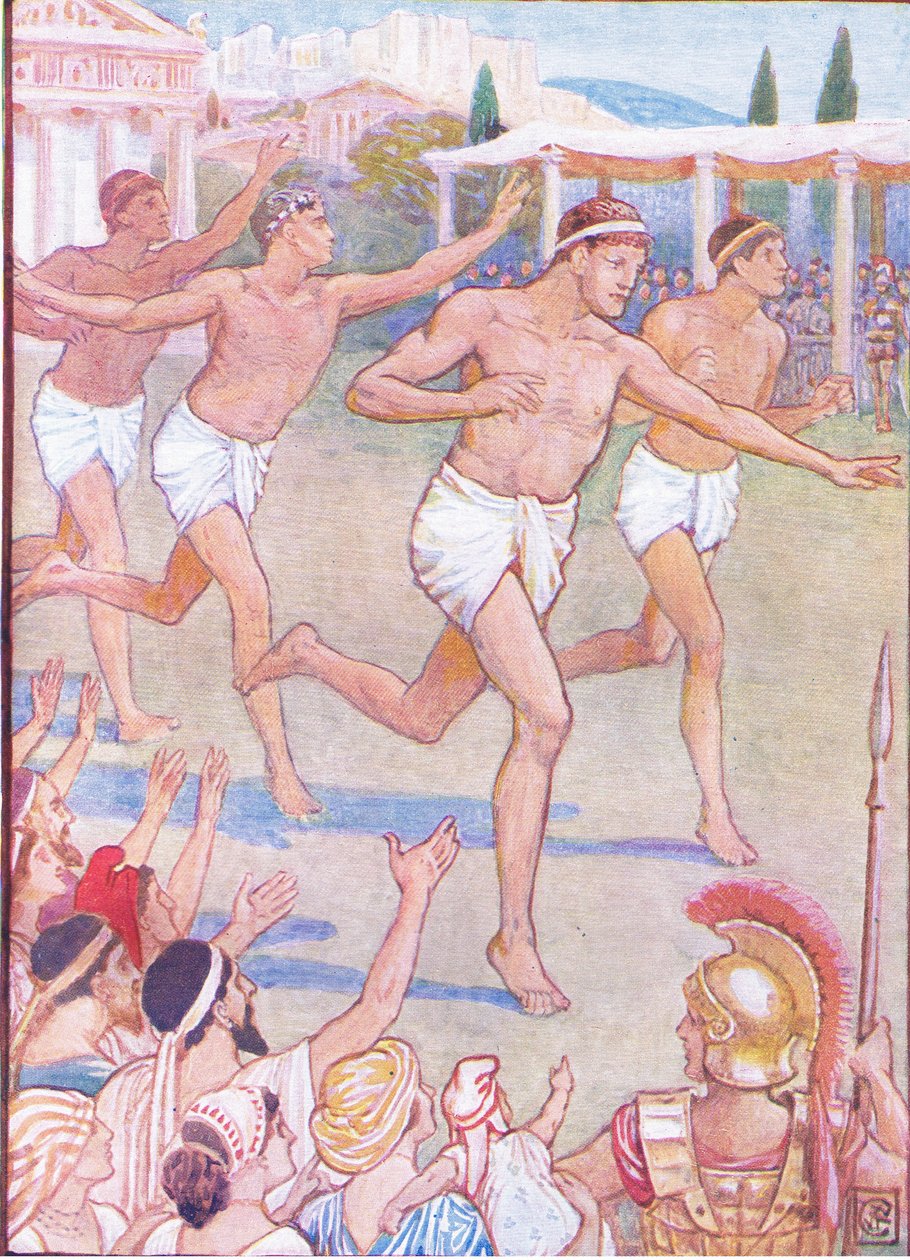 A legrégibb időkben az egyszerű gyalogfutás volt az egyetlen esemény, illusztráció a Görögország története, 1930-as évekből alkotó: Walter Crane