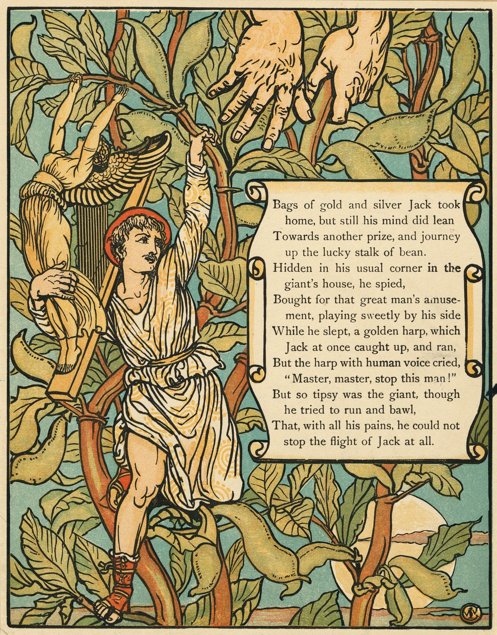 Jack leereszkedik a Beanstalk-on a Jack and the Beanstalk kocsmából. 1875 (színes litó) alkotó: Walter Crane
