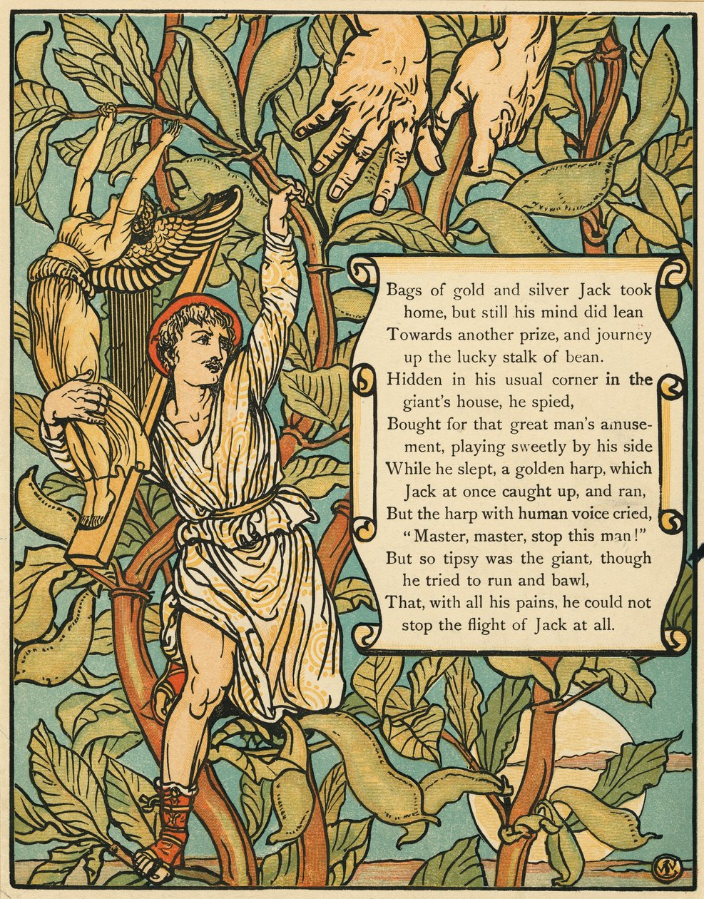 Jack leereszkedik a Beanstalk-on a Jack and the Beanstalk kocsmából. 1875-ös színes litográfia, 1875. alkotó: Walter Crane
