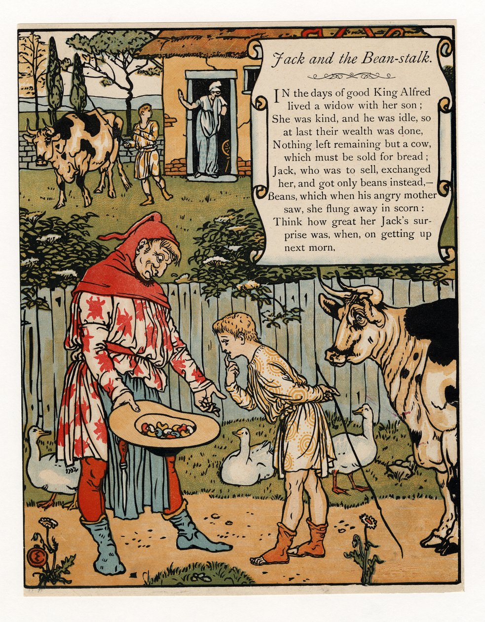 Jack eladja a tehenét babért, a The Blue Beard Picture Book kocsmából. 1879 (színes litó) alkotó: Walter Crane