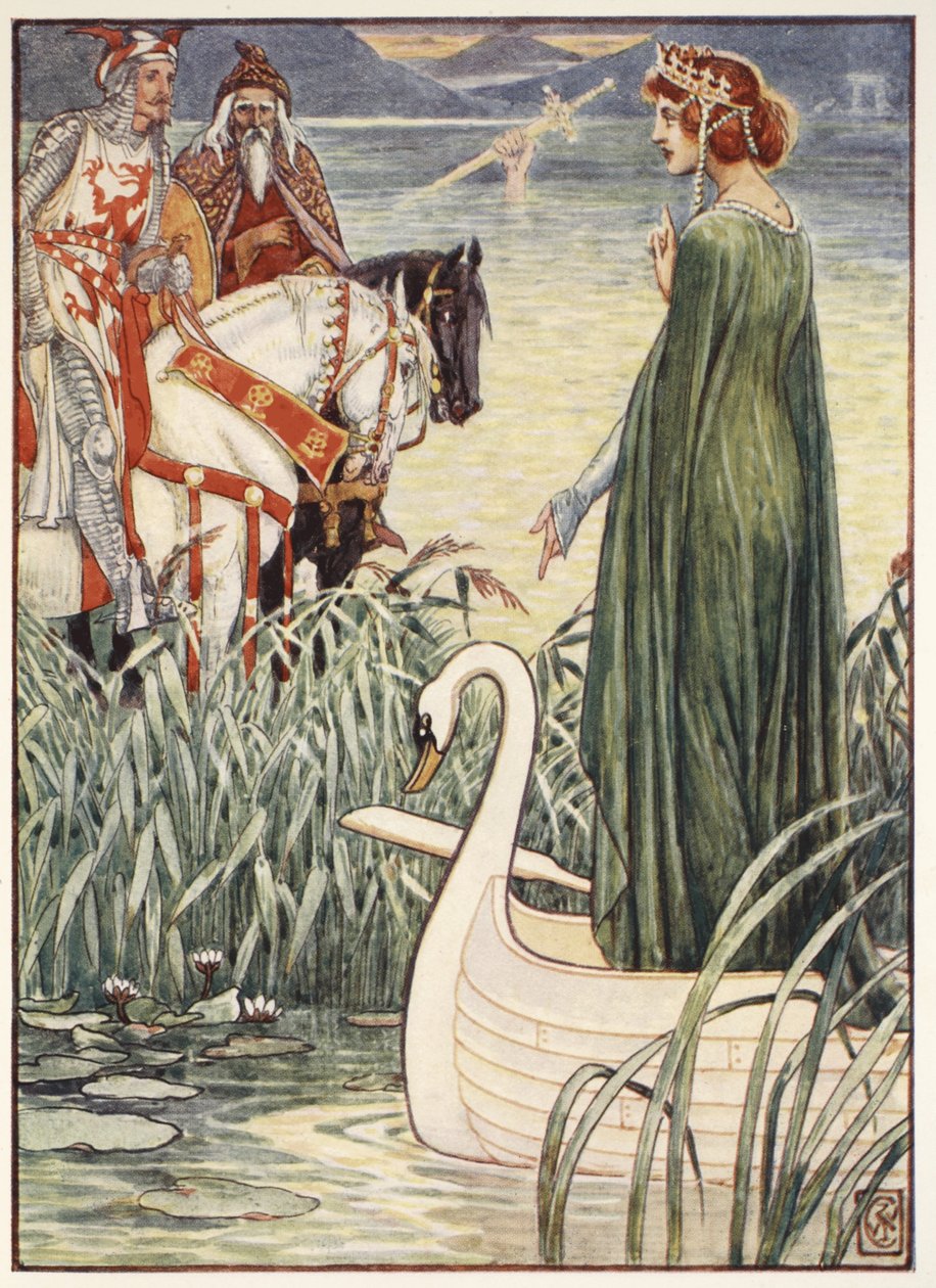 Arthur király a Tó Hölgyétől kéri az Excalibur kardot Henry Gilbert „A kerekasztal lovagjai történetei” című művéből, első kiadás, 1911 alkotó: Walter Crane