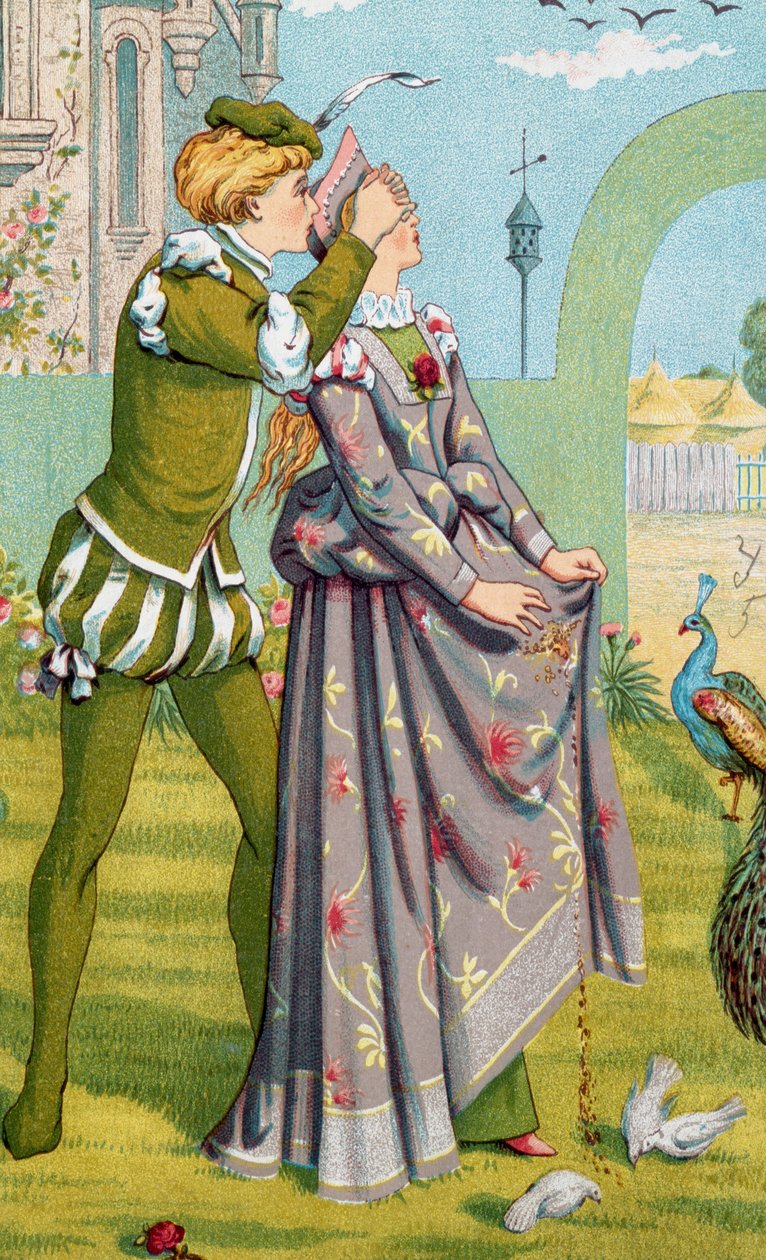 "A romantikus meglepetés" Egy fiatal fiú eltakarja egy fiatal lány szemét. Walter Crane (1845-1915) és Kate Greenaway (1846-1901) illusztrációja. alkotó: Walter Crane