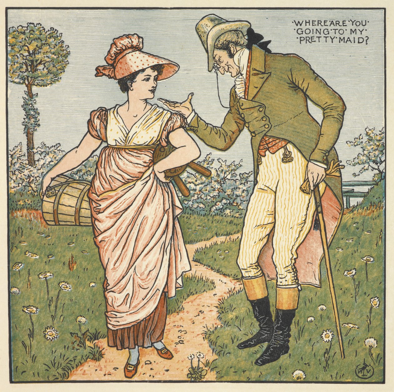 "Csinos szobalányom". Egy úriember egy fiatal nővel beszélget. alkotó: Walter Crane