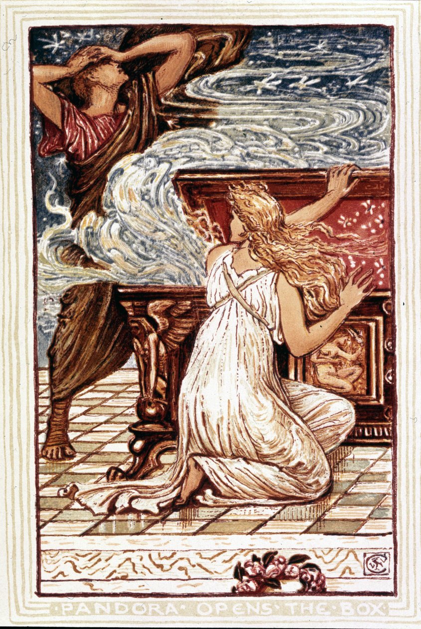 Pandora kinyitja a szelencét. Illusztráció: Walter Crane: „Csodakönyv lányoknak és fiúknak”, London 1893. alkotó: Walter Crane