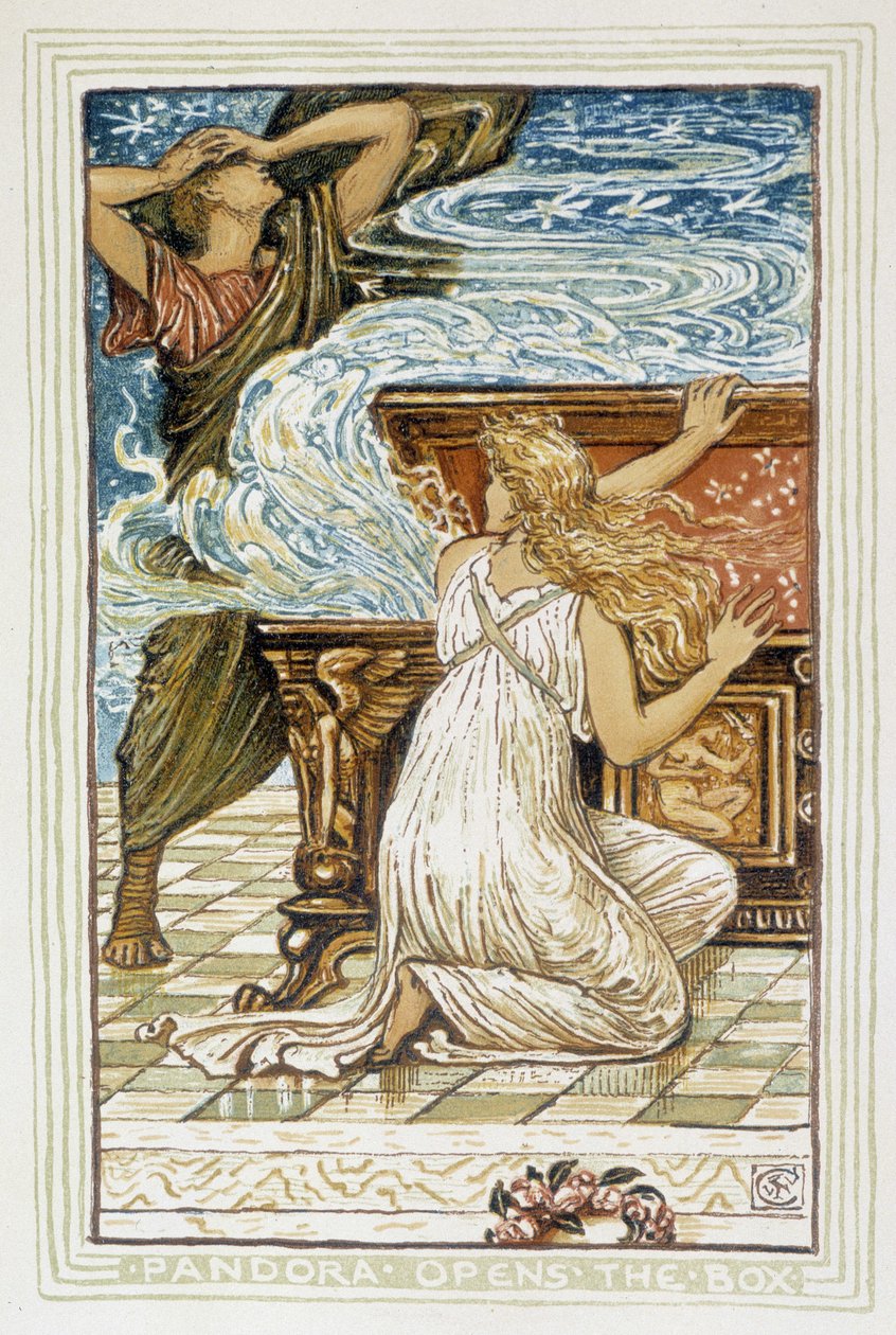 Pandora kinyitja a szelencét – Walter Crane: „Csodakönyv lányoknak és fiúknak: galagonya” c. 1895 alkotó: Walter Crane