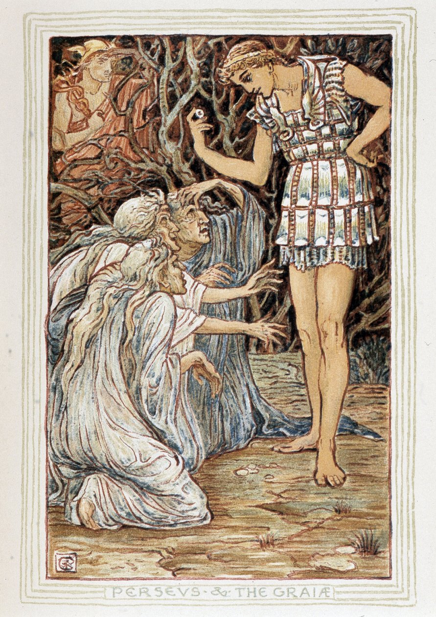 Persee és a Graia (Beotie, Görögország) - Találkozik három öregasszonnyal (boszorkánnyal?) Walter Crane (1845-1915) „Csodakönyv lányoknak és fiúknak” című könyvében. alkotó: Walter Crane