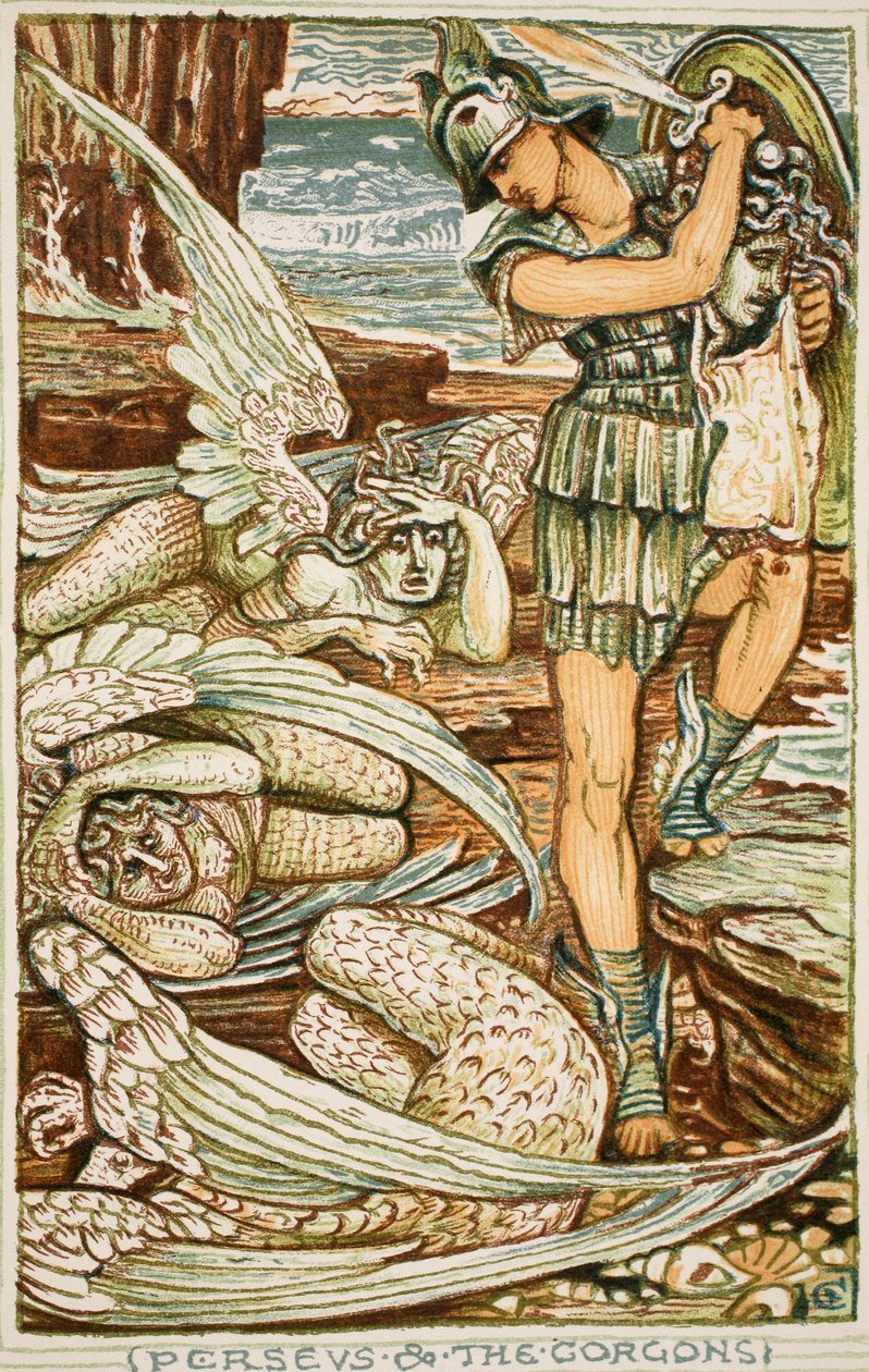 Perszeusz és a Gorgonok, illusztráció Nathaniel Hawthorne „A csodakönyv lányoknak és fiúknak” című könyvéből alkotó: Walter Crane