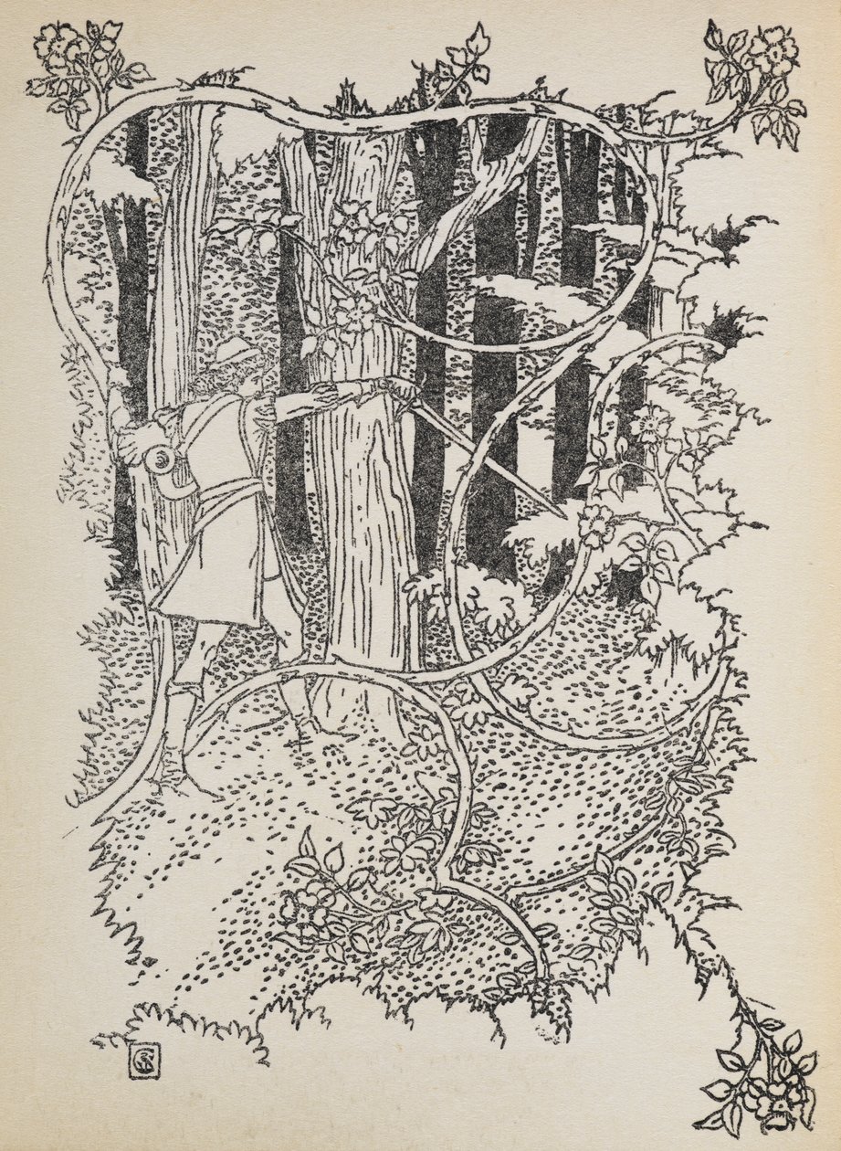 Bájos herceg a benőtt erdőn át vágja útját Csipkerózsika felé. alkotó: Walter Crane