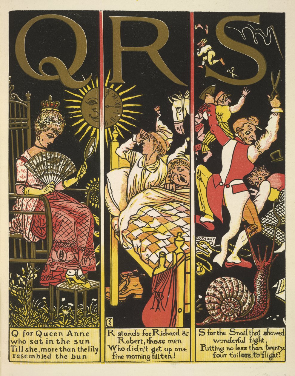 QRS-Q Anna királynő számára; R jelentése Richard & Robert; és S a csigának alkotó: Walter Crane