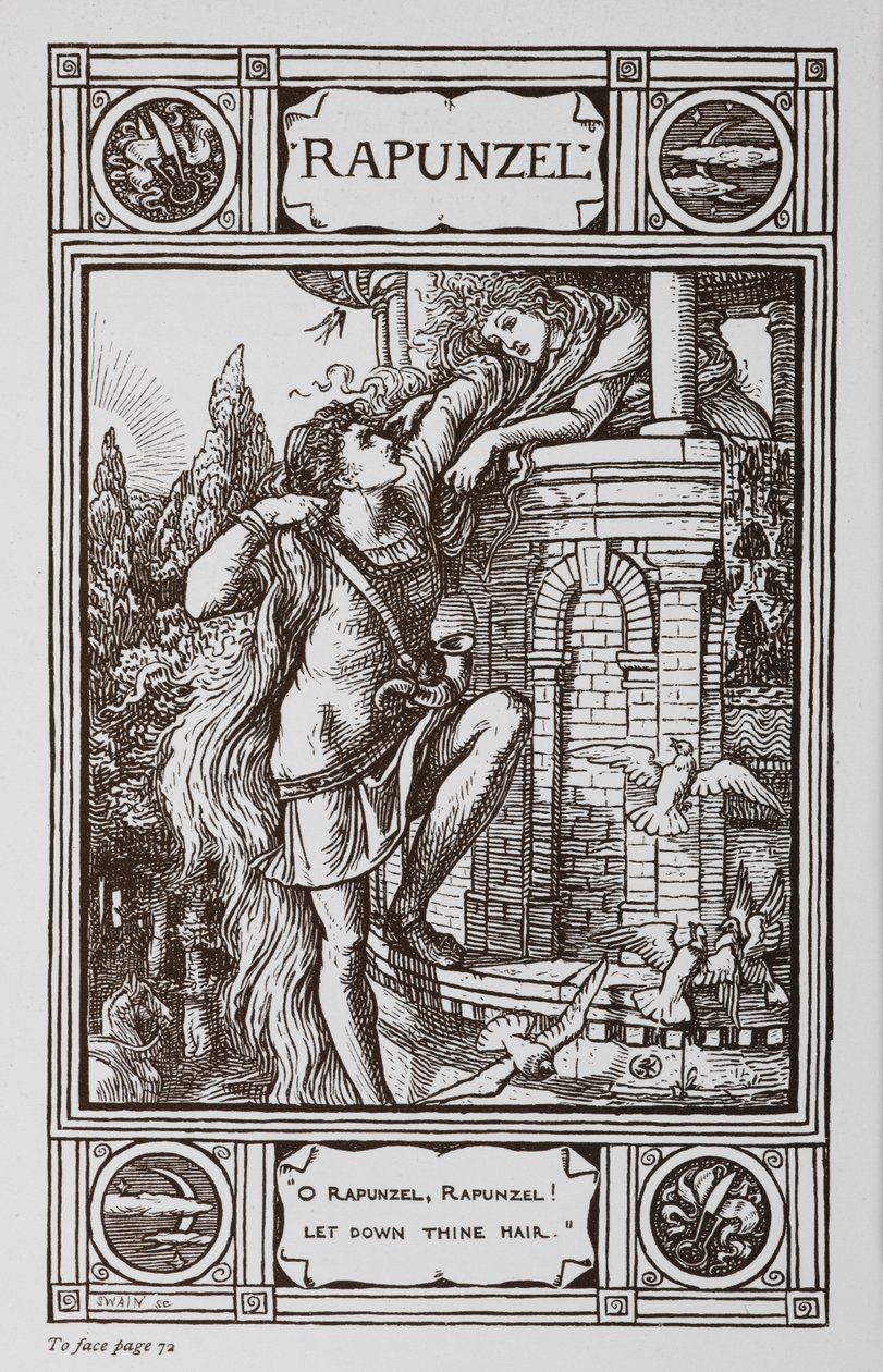 Rapunzel kihajol egy torony ablakán, miközben egy herceg felmászik a hajába. alkotó: Walter Crane