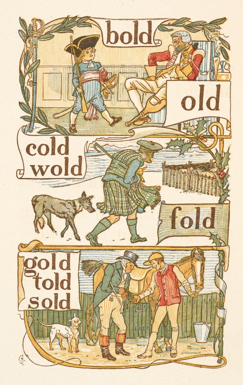 D betűre végződő rímszavak. Katonának öltözött fiú. Egy skót. Egy zsoké. Az Arany alapozó. alkotó: Walter Crane