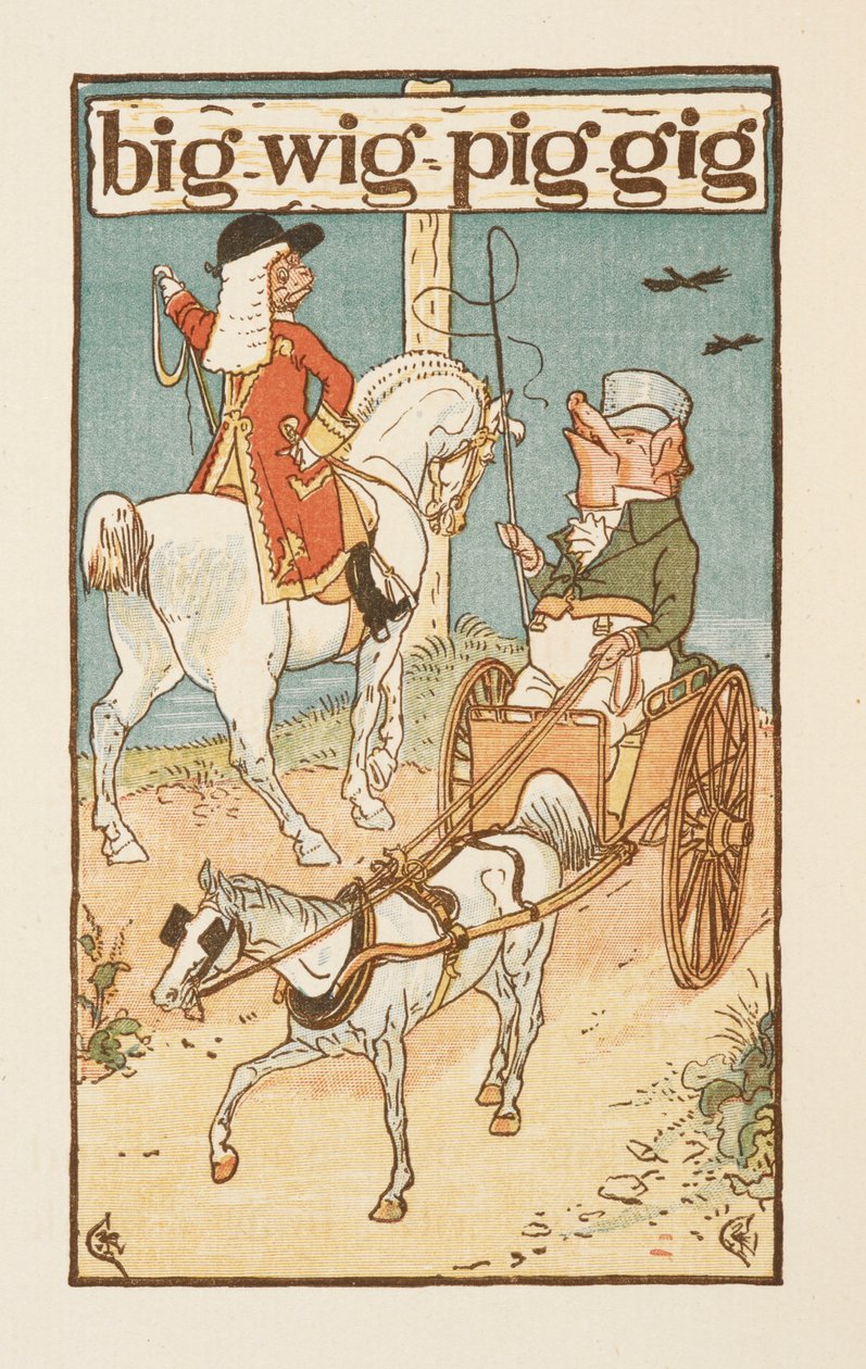 G betűre végződő rímszavak. Illusztráció, amelyen egy malac lovagol, egy másik pedig szekeret vezet. Az Arany alapozó. alkotó: Walter Crane