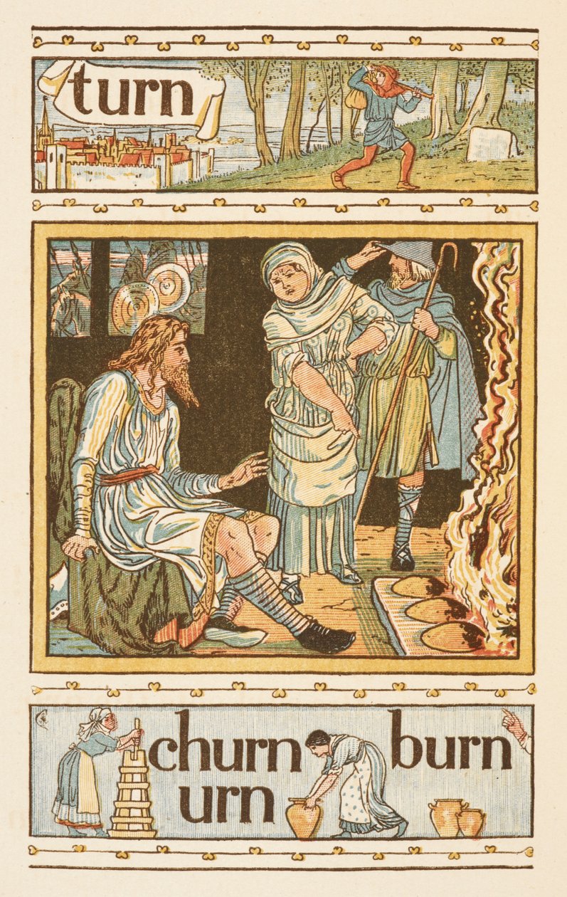N betűre végződő rímszavak. Illusztráció, bemutató esetleg Alfréd király és az égő sütemények. Az Arany alapozó. alkotó: Walter Crane