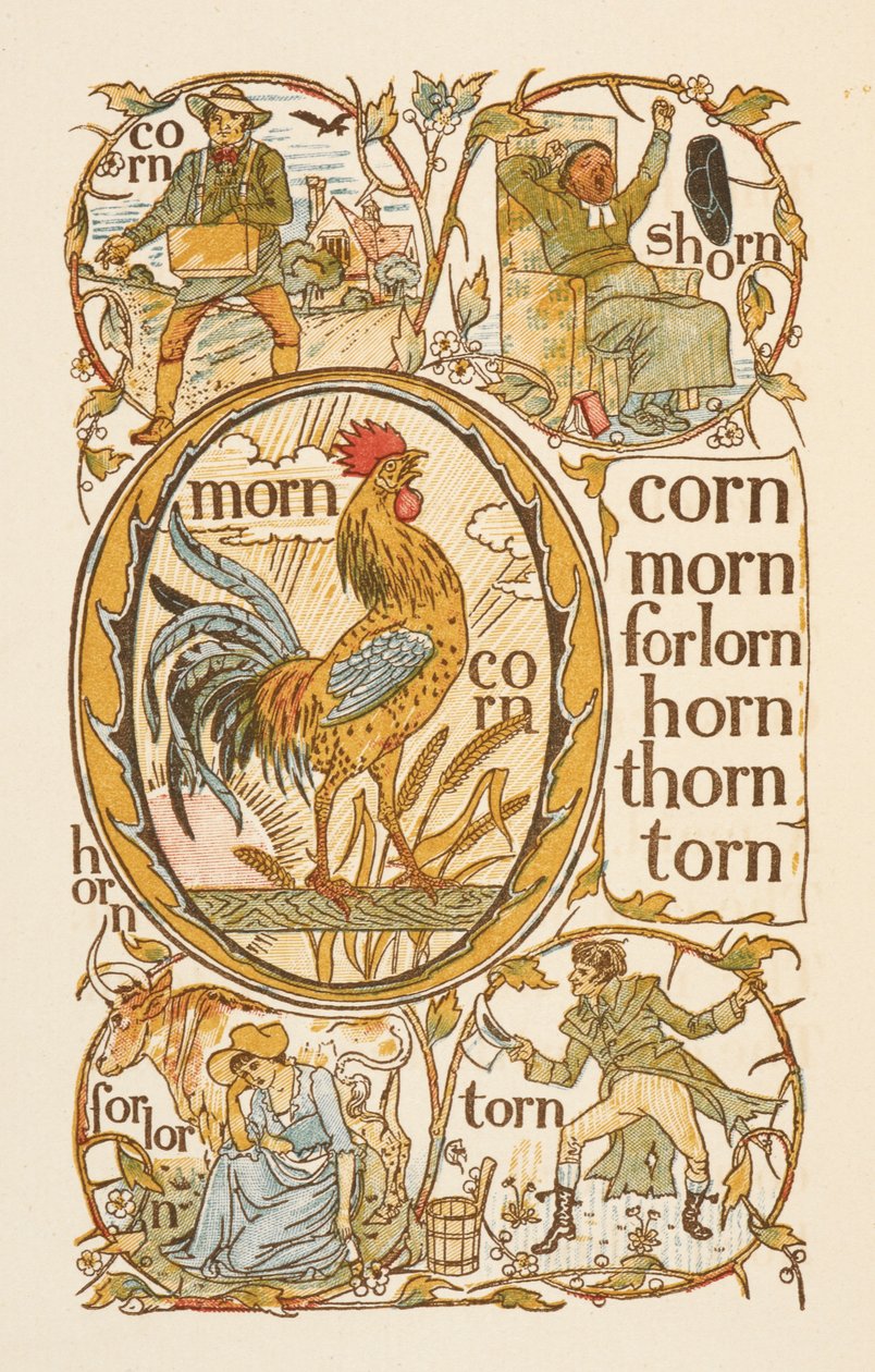 N betűre végződő rímszavak. Az O betű használatának illusztrálására. Az arany alapozó. alkotó: Walter Crane