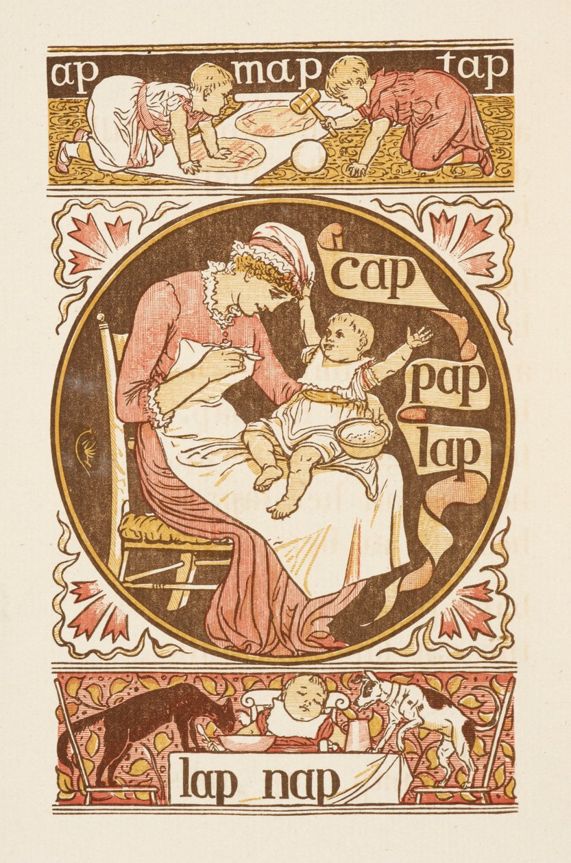P betűre végződő rímszavak. Illusztráció, gyermeket etető nőt ábrázol. Az Arany alapozó. alkotó: Walter Crane